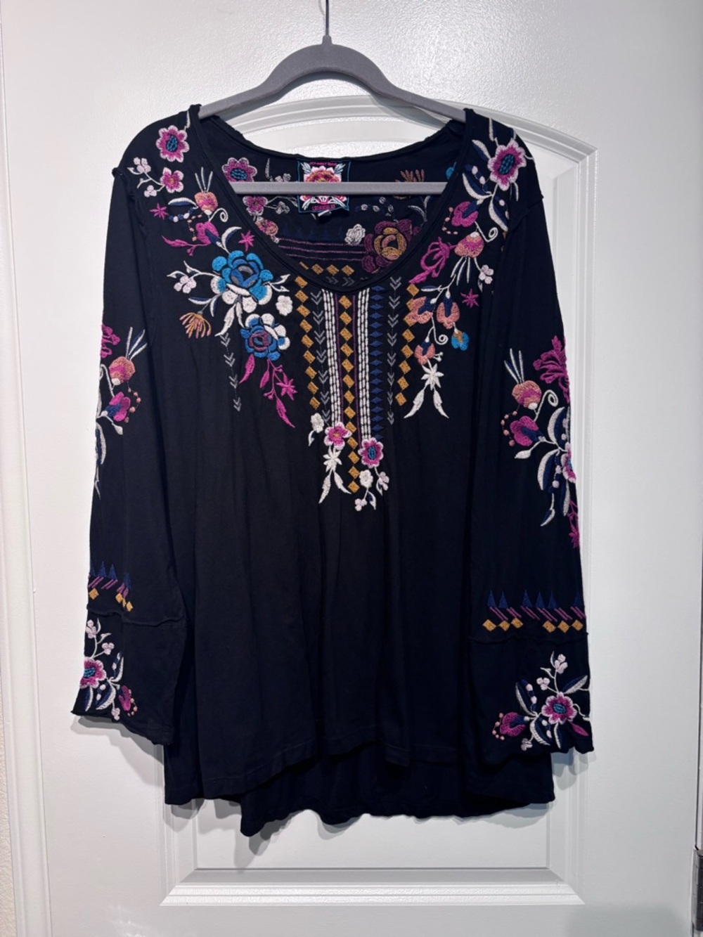 Johnny Was Black Embroidered Floral Tunic with Pink & Blue Accents